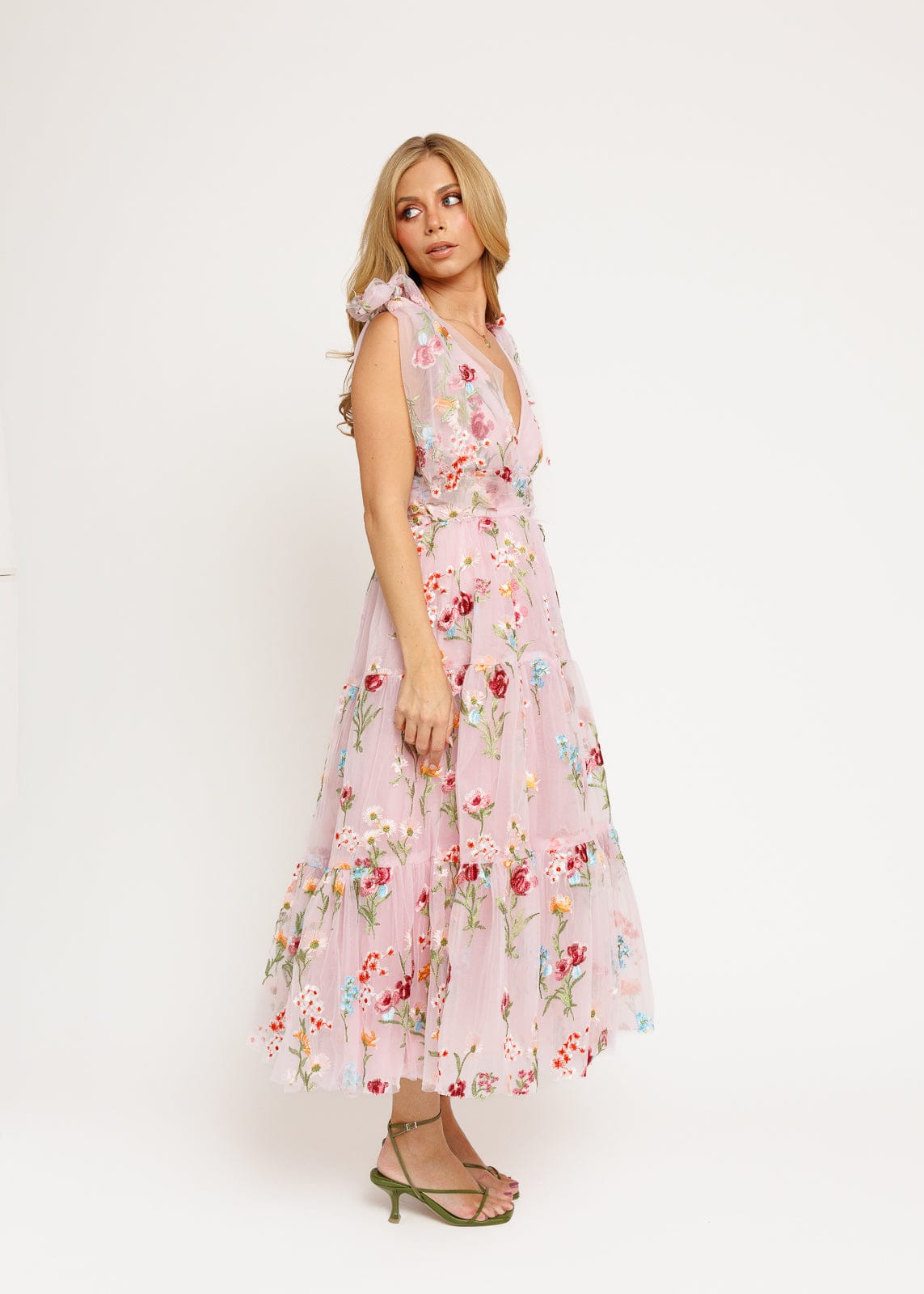 chic size inclusive model wearing JessaKae Margaret Floral Embroidered Midi Dress Pink Dresses