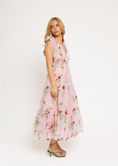 chic size inclusive model wearing JessaKae Margaret Floral Embroidered Midi Dress Pink Dresses