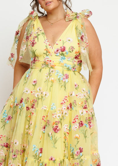 chic size inclusive model wearing JessaKae Margaret Floral Embroidered Midi Dress Yellow Dresses