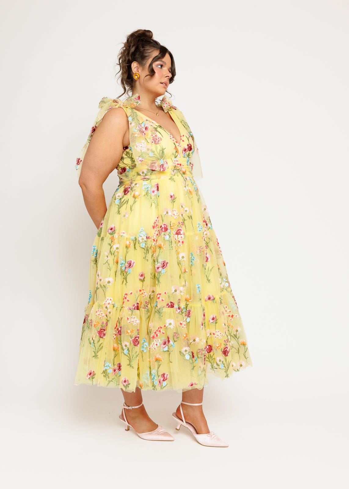 chic size inclusive model wearing JessaKae Margaret Floral Embroidered Midi Dress Yellow Dresses