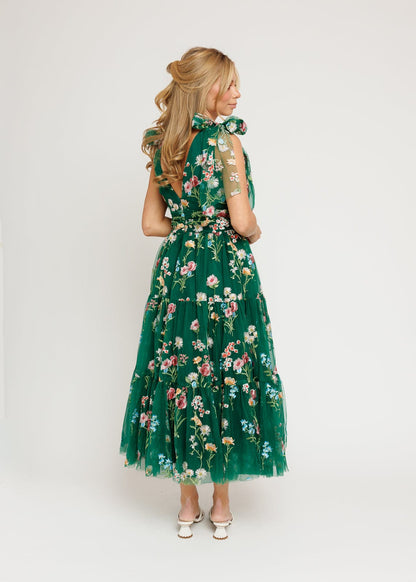 chic size inclusive model wearing JessaKae Margaret Floral Midi Dress Emerald Dresses