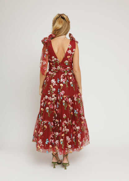 chic size inclusive model wearing JessaKae Margaret Floral Midi Dress Red Dresses