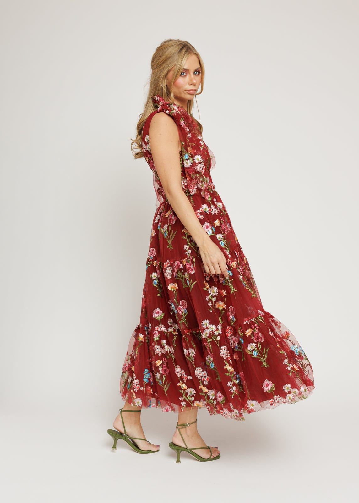 chic size inclusive model wearing JessaKae Margaret Floral Midi Dress Red Dresses