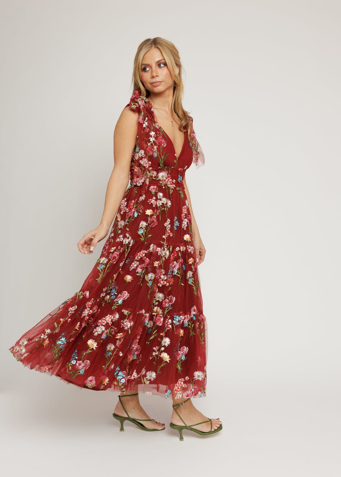 chic size inclusive model wearing JessaKae Margaret Floral Midi Dress Red Dresses