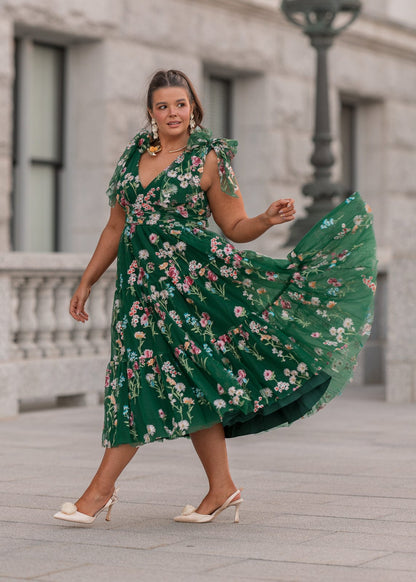 chic size inclusive model wearing JessaKae Margaret Midi Dress