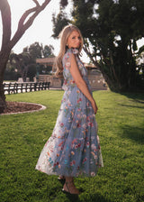 chic size inclusive model wearing JessaKae Margaret Midi Dress Dresses_Blue Floral 