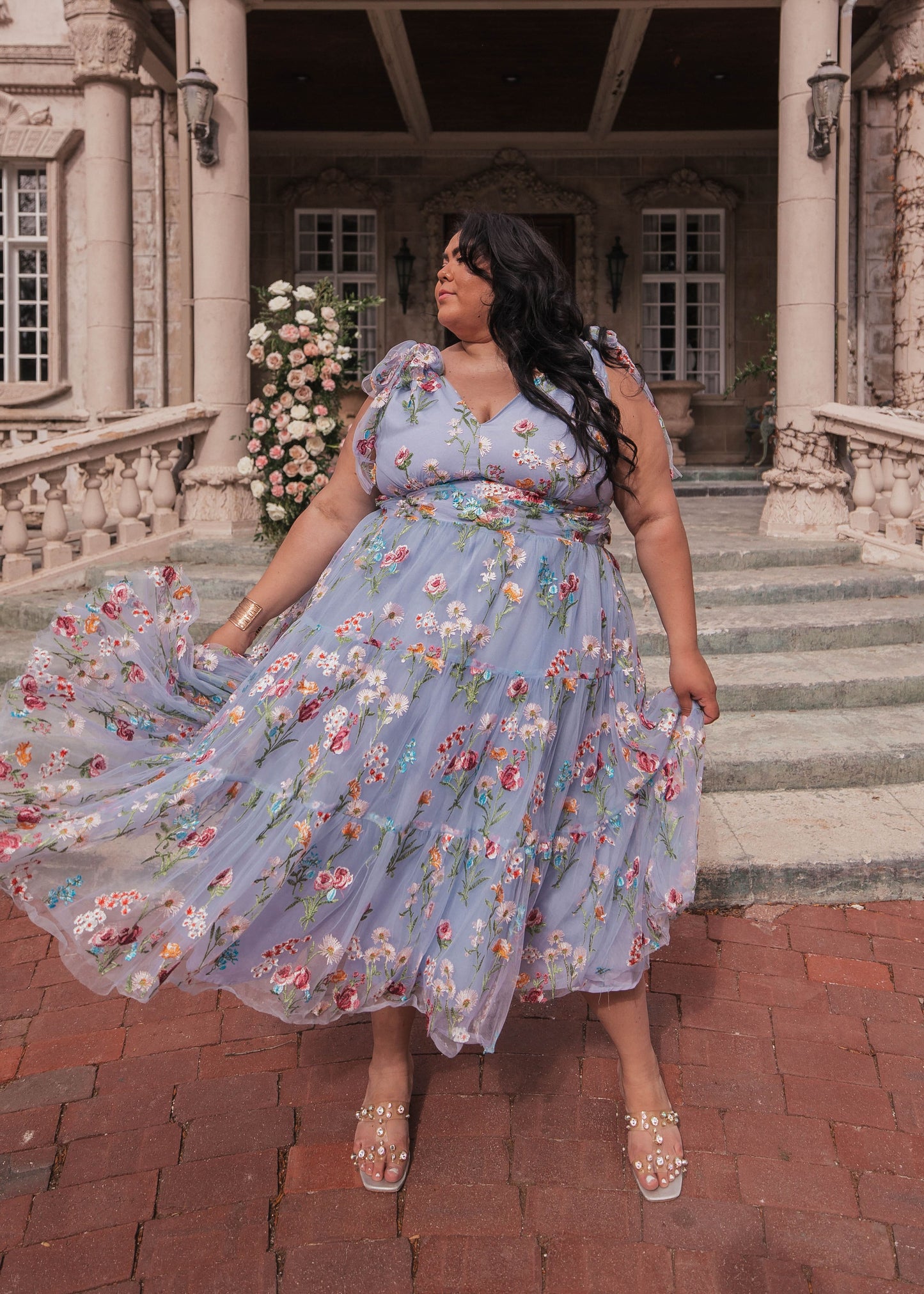 chic size inclusive model wearing JessaKae Margaret Midi Dress Dresses_Blue Floral 