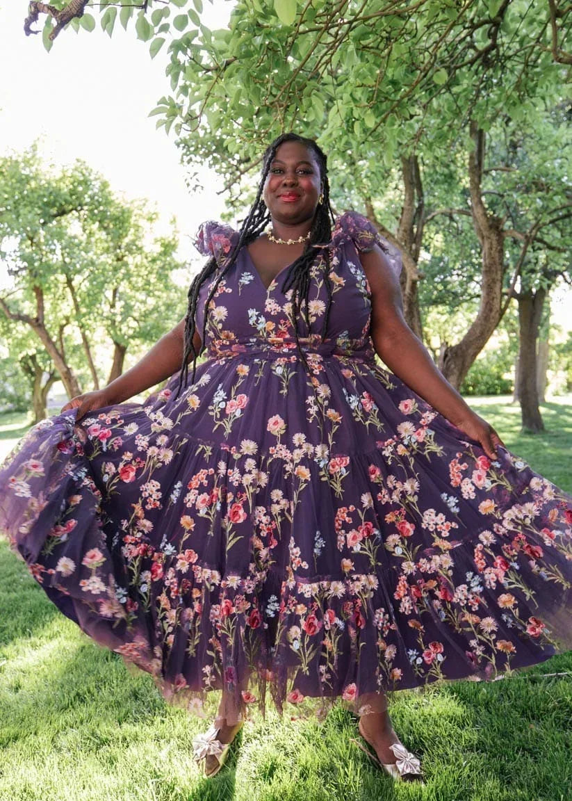 Margaret Floral Midi Dress Purple | Occasion Dress in Sizes XXS–6X Margaret Floral Midi Dress Purple | Occasion Dress in Sizes XXS–6X