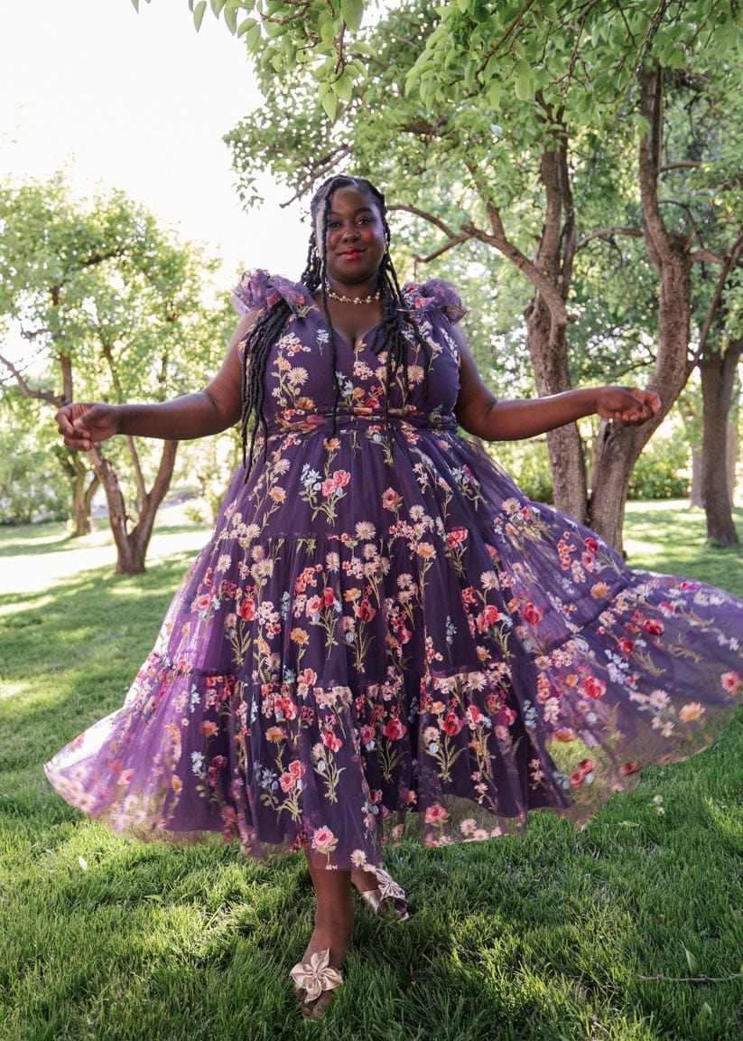 chic size inclusive model wearing JessaKae Margaret Midi Dress Dresses_Purple Floral / XL Dresses