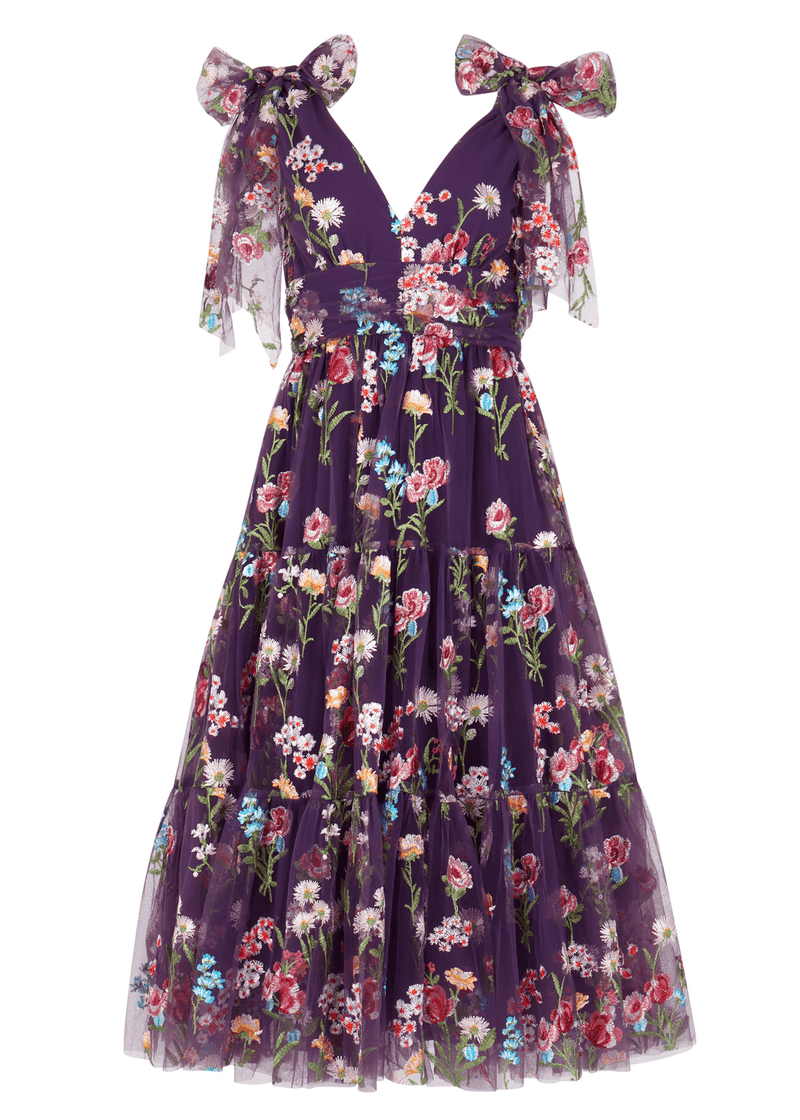 chic size inclusive model wearing JessaKae Margaret Midi Dress Dresses_Purple Floral 