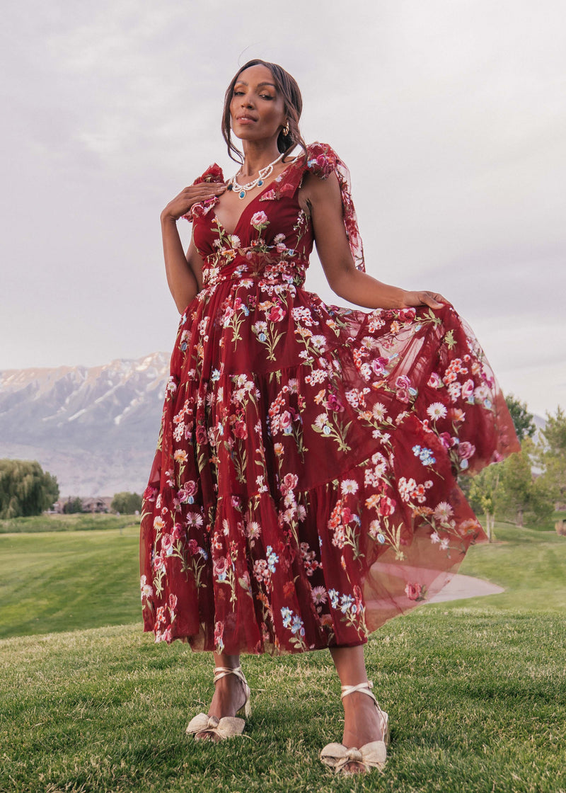 chic size inclusive model wearing JessaKae Margaret Midi Dress_Red Dahlia / XXS Dresses