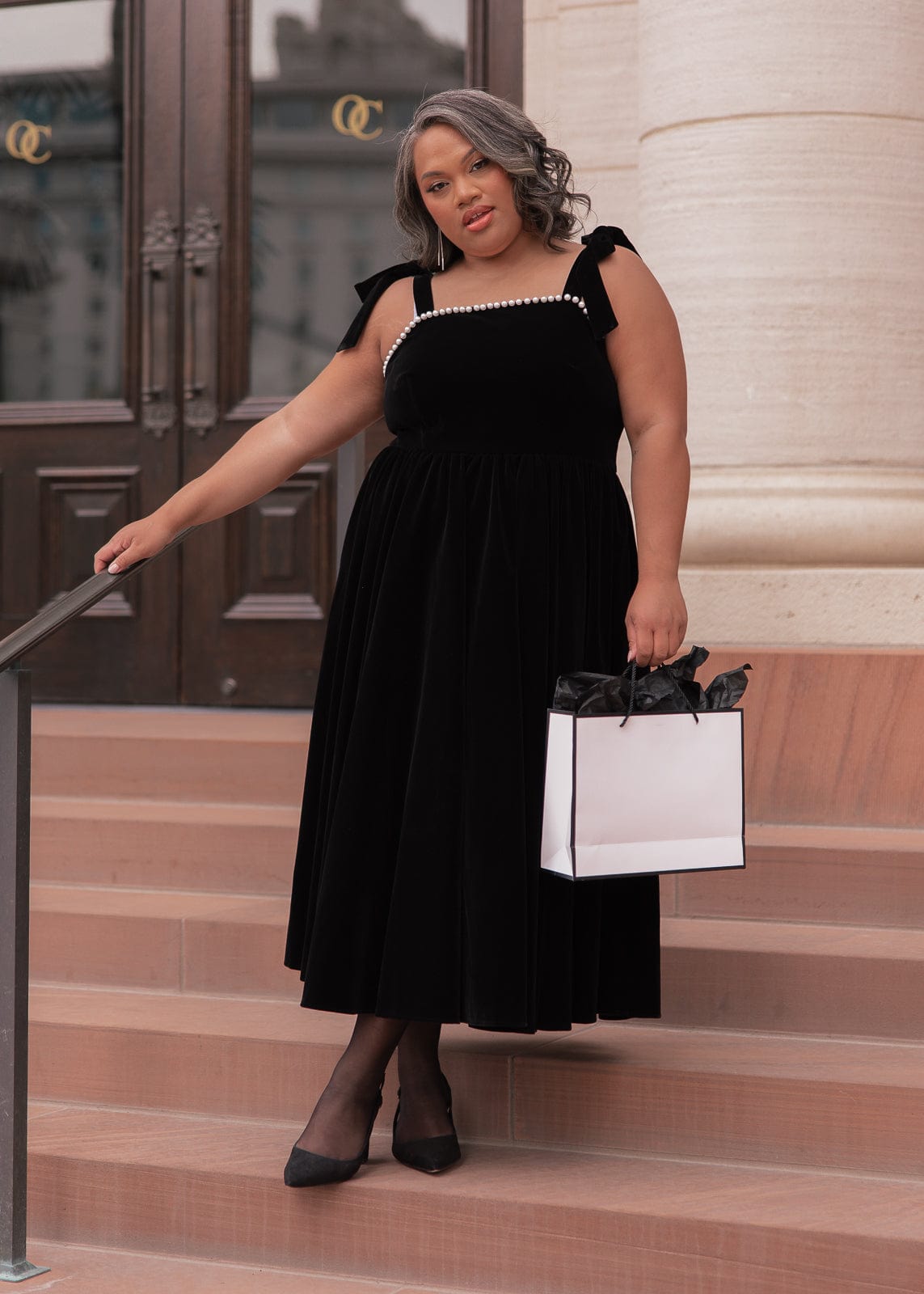 chic size inclusive model wearing JessaKae Mary Dress
