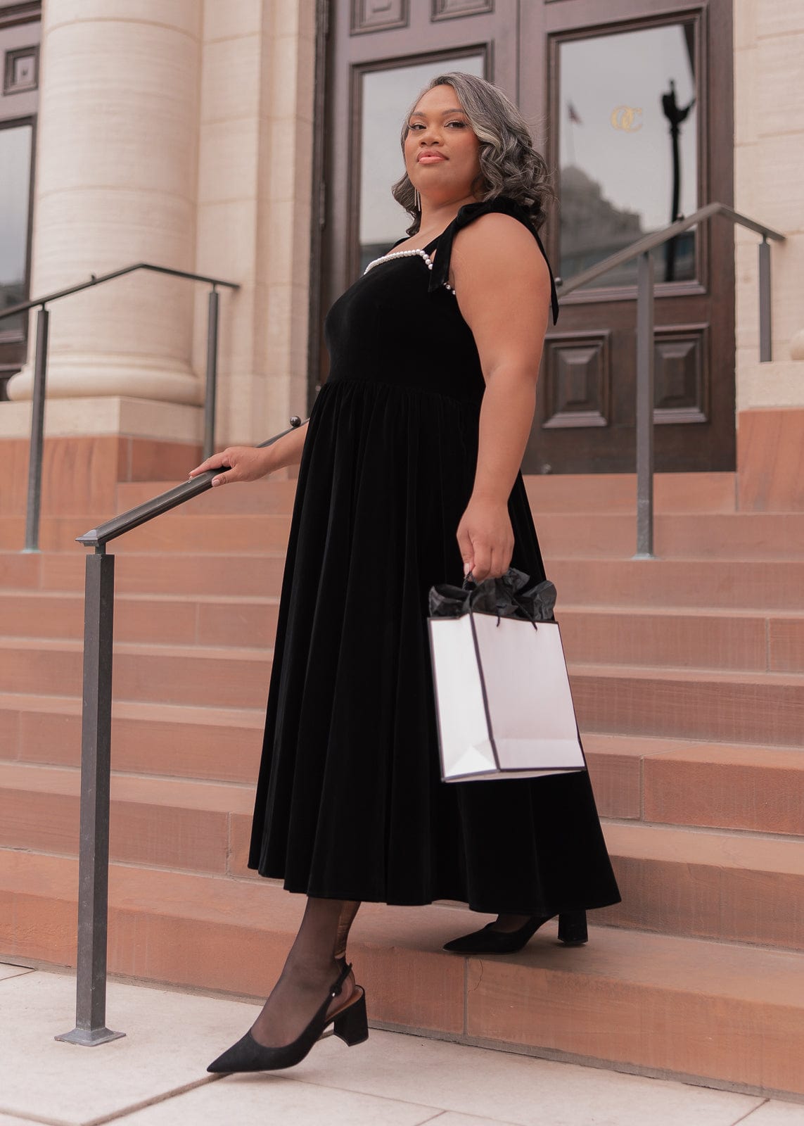 Mary Velvet Pearl Trim Bow Detail Midi Dress - Black - JessaKae