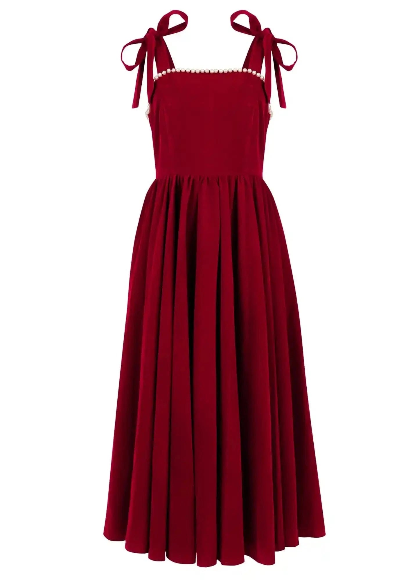 chic size inclusive model wearing JessaKae Mary Red Velvet Dress – Pearl Neckline Dresses