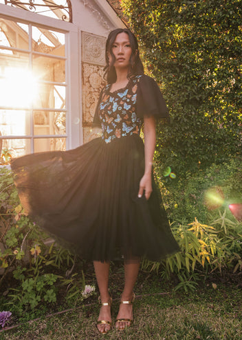 chic size inclusive model wearing JessaKae Midnight Monarch Dress Dresses Dress_Dusk Prarie / XS