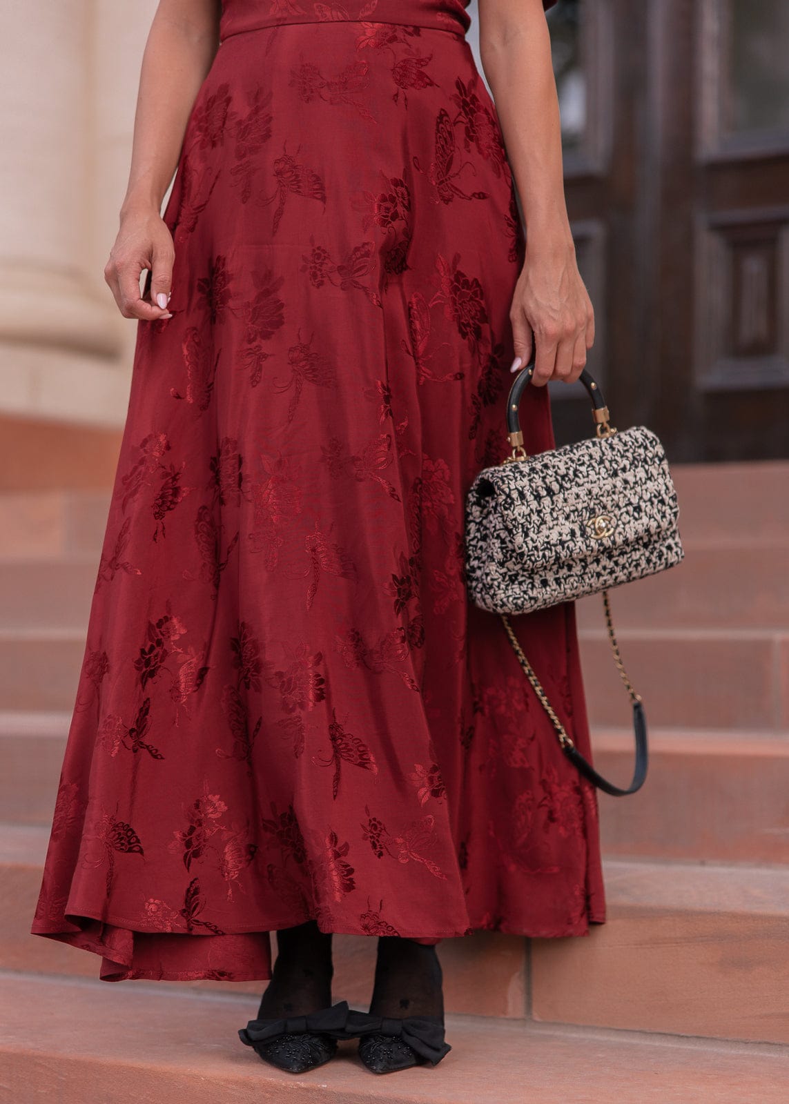 Mila Puff Sleeve Jacquard Floral Satin V-Neck Midi Dress - Burgundy | Occasion Dress in Sizes XXS6X | JessaKae Mila Puff Sleeve Jacquard Floral Satin V-Neck Midi Dress - Burgundy | Occasion Dress in Sizes XXS6X | JessaKae