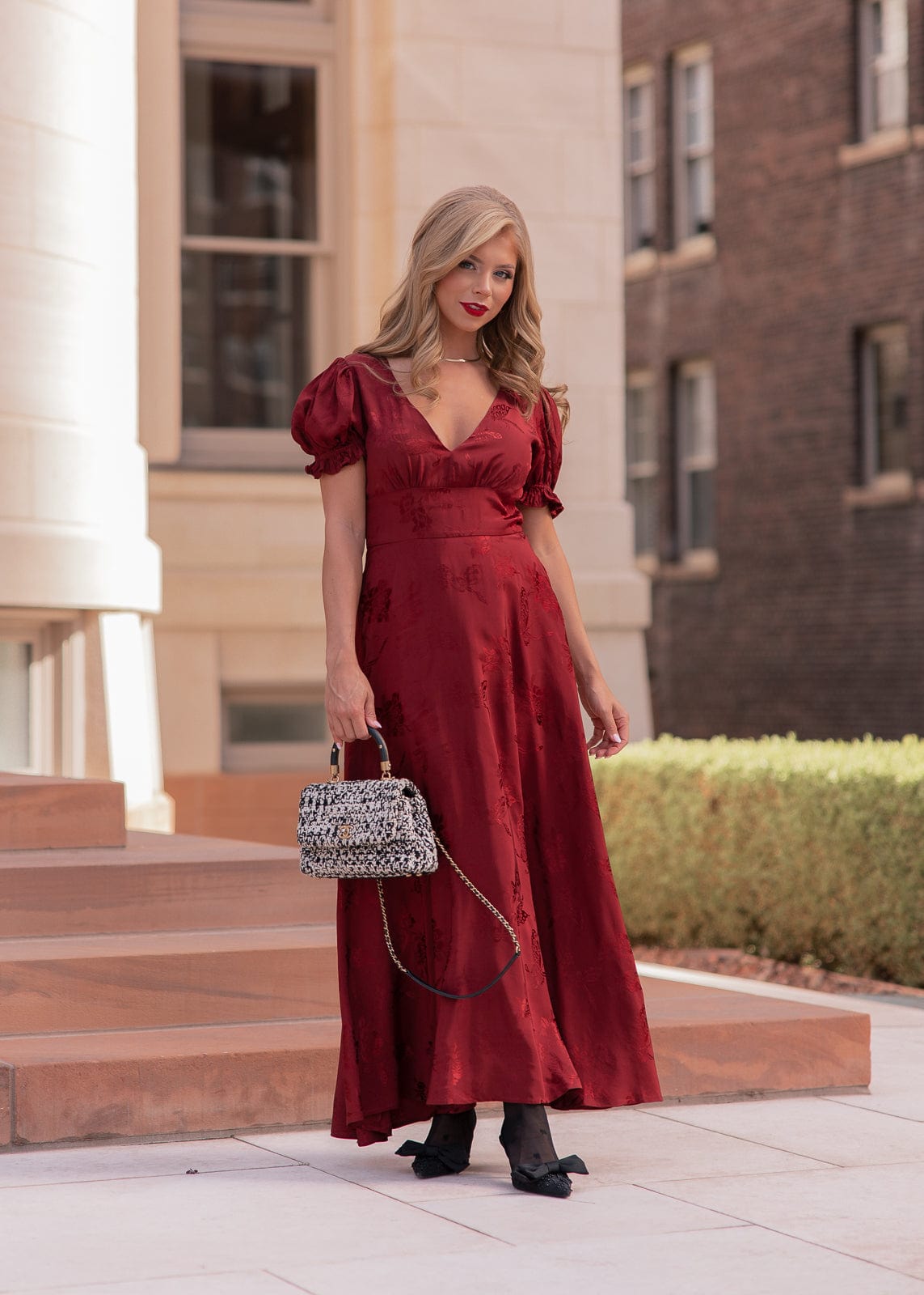 Mila Puff Sleeve Jacquard Floral Satin V-Neck Midi Dress - Burgundy | Occasion Dress in Sizes XXS6X | JessaKae Mila Puff Sleeve Jacquard Floral Satin V-Neck Midi Dress - Burgundy | Occasion Dress in Sizes XXS6X | JessaKae