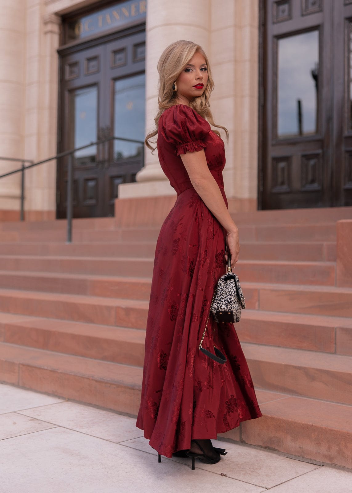 Mila Puff Sleeve Jacquard Floral Satin V-Neck Midi Dress