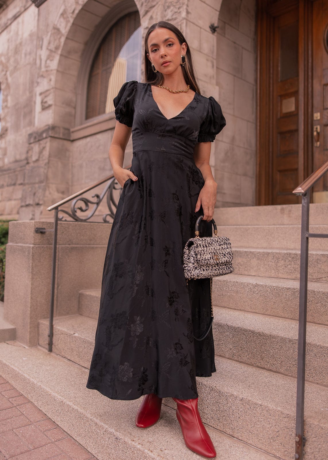 grey state mila midi dress Mila Puff Sleeve Jacquard Floral Satin V-Neck Midi Dress - Black | Occasion  Dress in Sizes XXS–6X