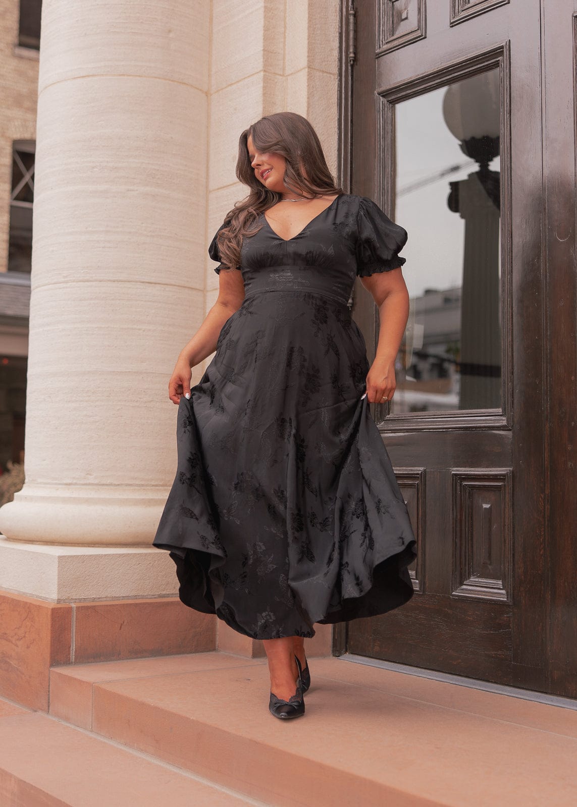 Mila Puff Sleeve Jacquard Floral Satin V-Neck Midi Dress - Black | Occasion Dress in Sizes XXS6X | JessaKae Mila Puff Sleeve Jacquard Floral Satin V-Neck Midi Dress - Black | Occasion Dress in Sizes XXS6X | JessaKae