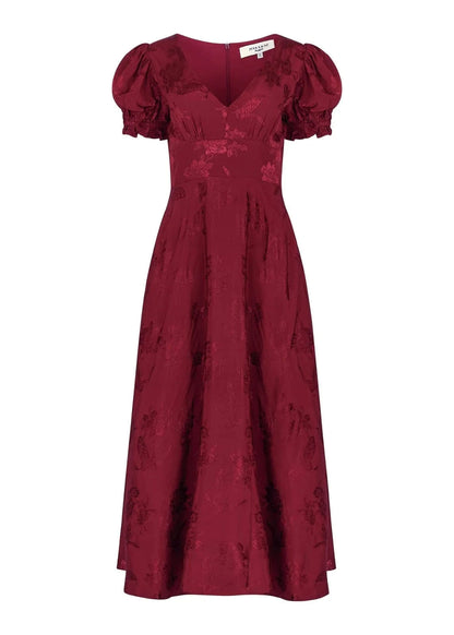 chic size inclusive model wearing JessaKae Mila Satin Midi Dress - Burgundy Dresses