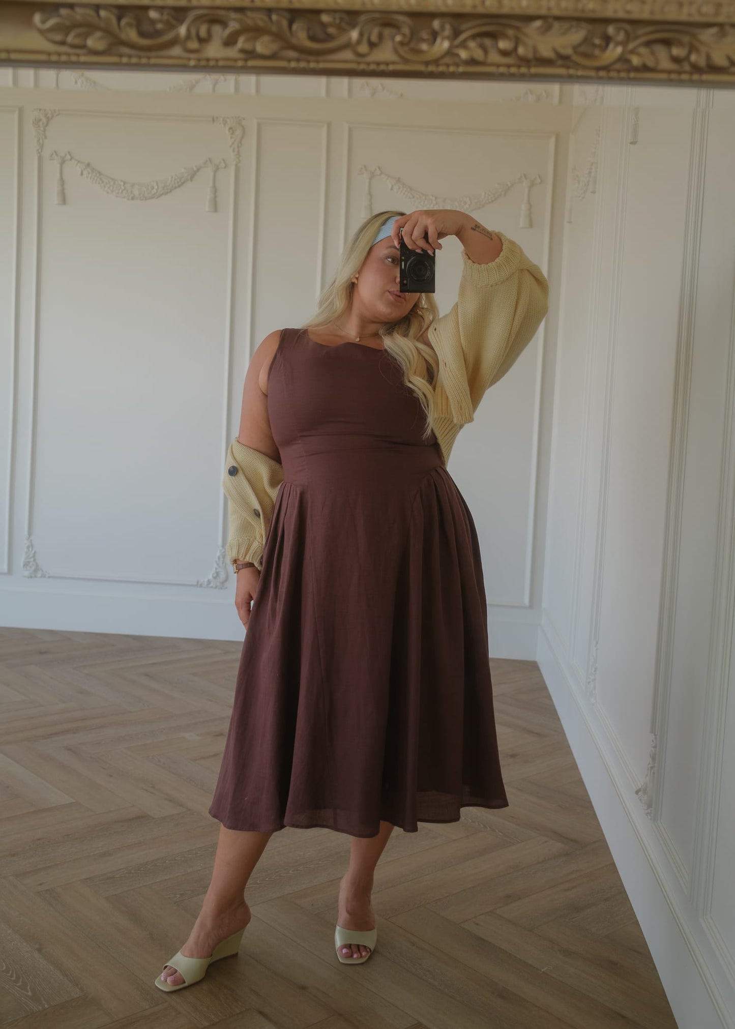 chic size inclusive model wearing JessaKae Miranda Midi Drop Waist Cotton Dress - Brown Dresses