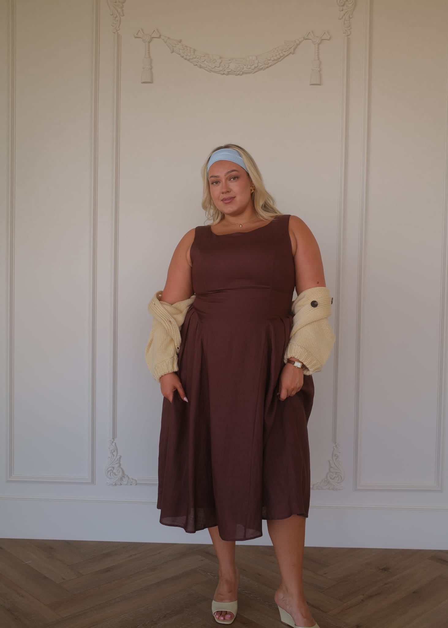 chic size inclusive model wearing JessaKae Miranda Midi Drop Waist Cotton Dress - Brown Dresses