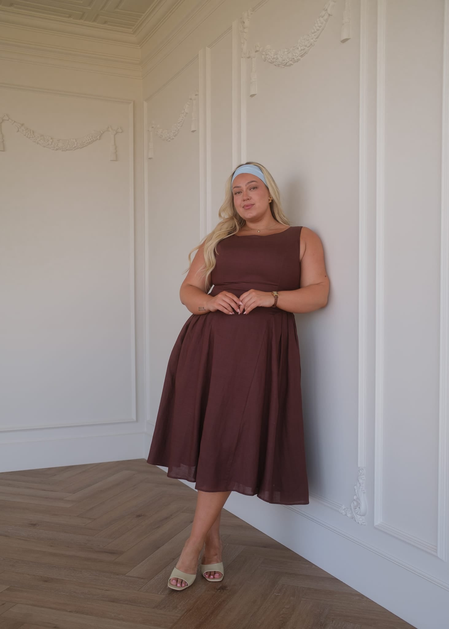 chic size inclusive model wearing JessaKae Miranda Midi Drop Waist Cotton Dress - Brown Dresses