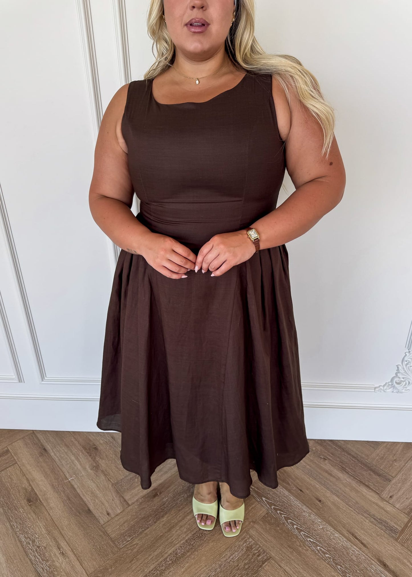 chic size inclusive model wearing JessaKae Miranda Midi Drop Waist Cotton Dress - Brown Dresses