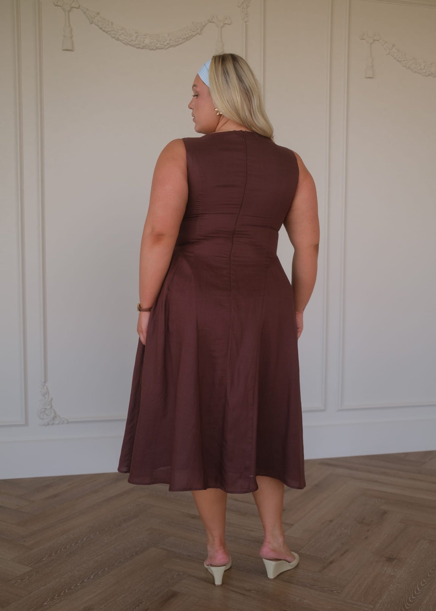 chic size inclusive model wearing JessaKae Miranda Midi Drop Waist Cotton Dress - Brown Dresses