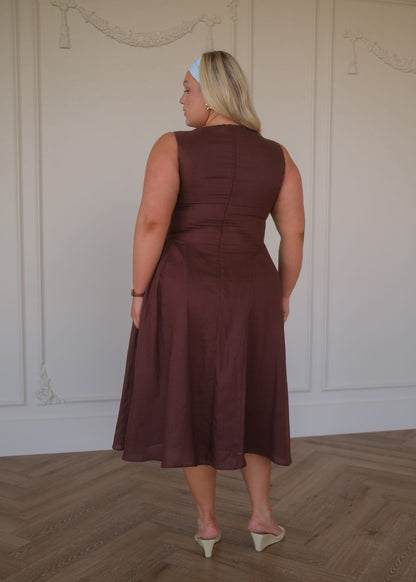 chic size inclusive model wearing JessaKae Miranda Midi Drop Waist Cotton Dress - Brown Dresses