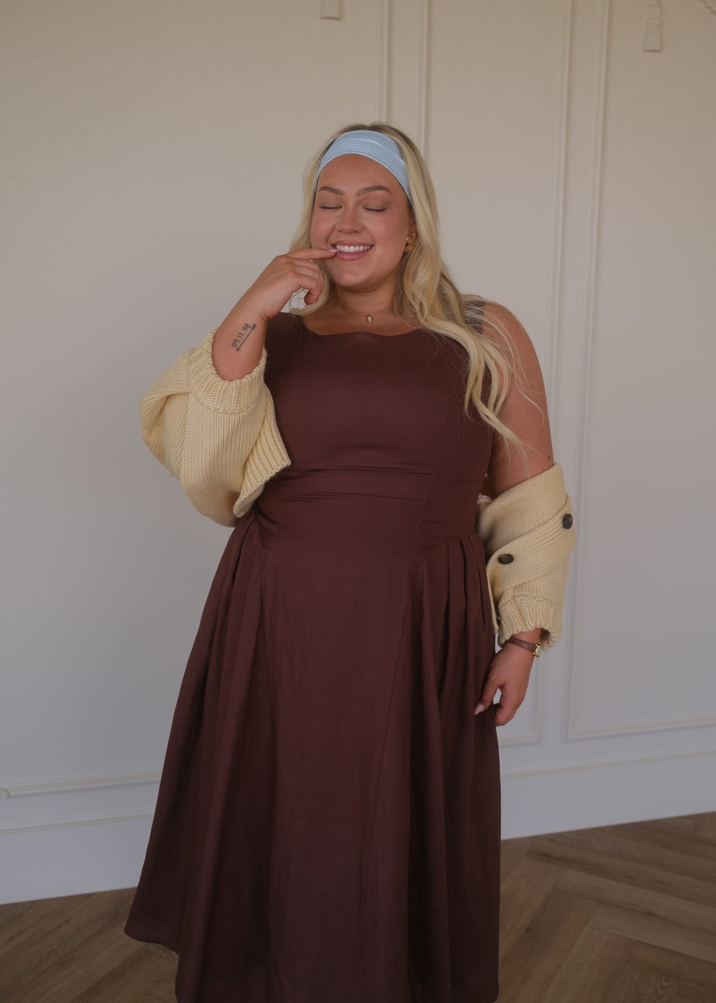 chic size inclusive model wearing JessaKae Miranda Midi Drop Waist Cotton Dress - Brown Dresses