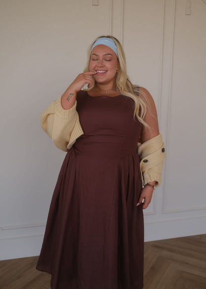 chic size inclusive model wearing JessaKae Miranda Midi Drop Waist Cotton Dress - Brown Dresses