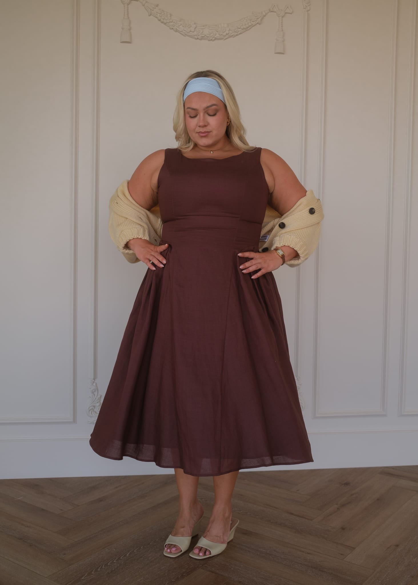 chic size inclusive model wearing JessaKae Miranda Midi Drop Waist Cotton Dress - Brown Dresses