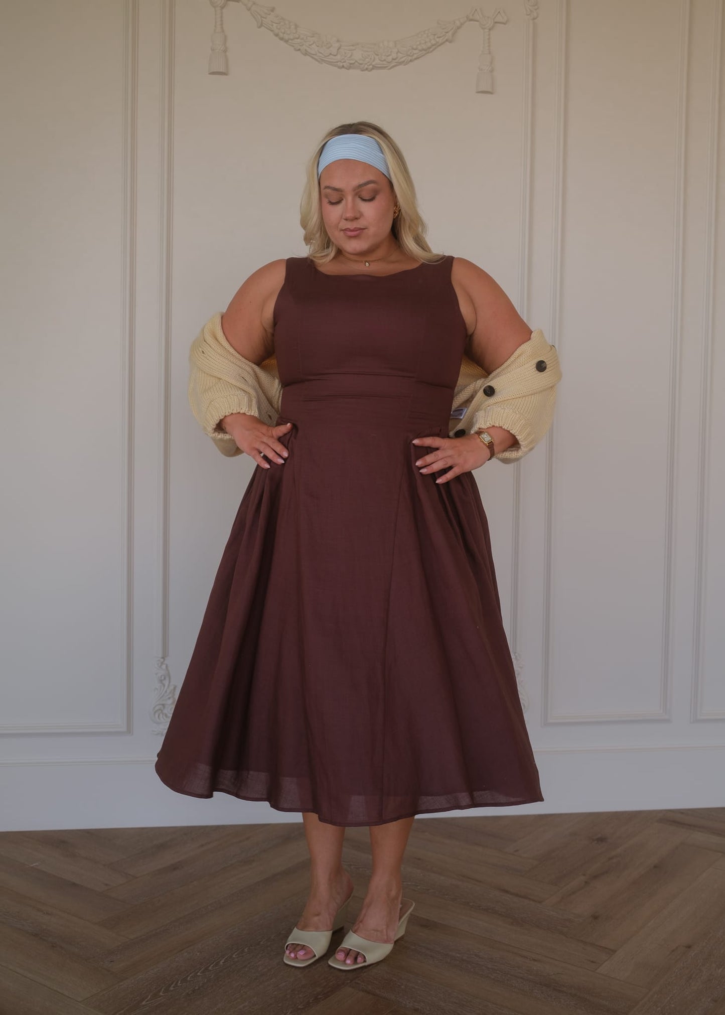chic size inclusive model wearing JessaKae Miranda Midi Drop Waist Cotton Dress - Brown Dresses
