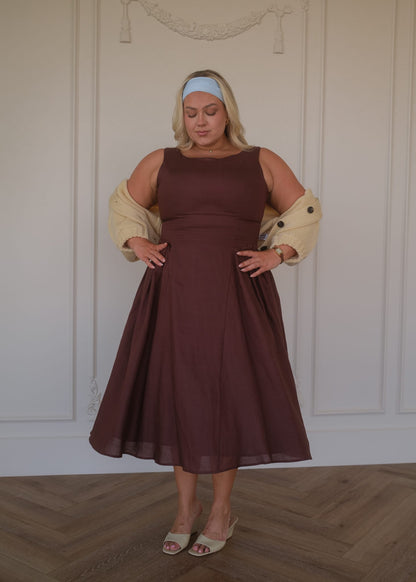 chic size inclusive model wearing JessaKae Miranda Midi Drop Waist Cotton Dress - Brown Dresses