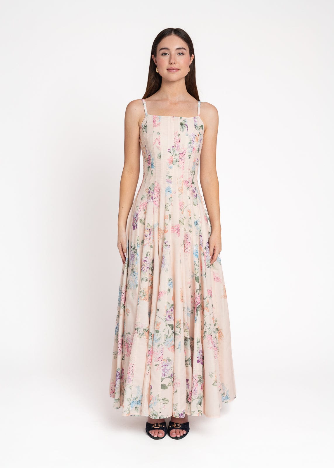 chic size inclusive model wearing JessaKae Monet Floral Seamed Maxi Dress