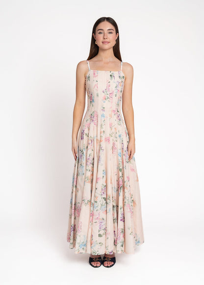 chic size inclusive model wearing JessaKae Monet Floral Seamed Maxi Dress