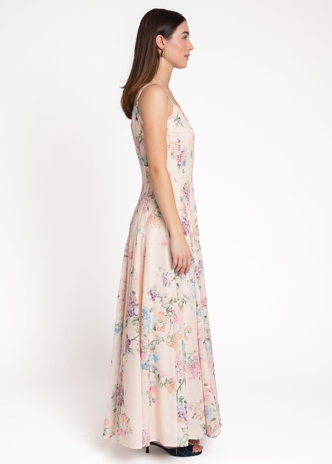 chic size inclusive model wearing JessaKae Monet Floral Seamed Maxi Dress