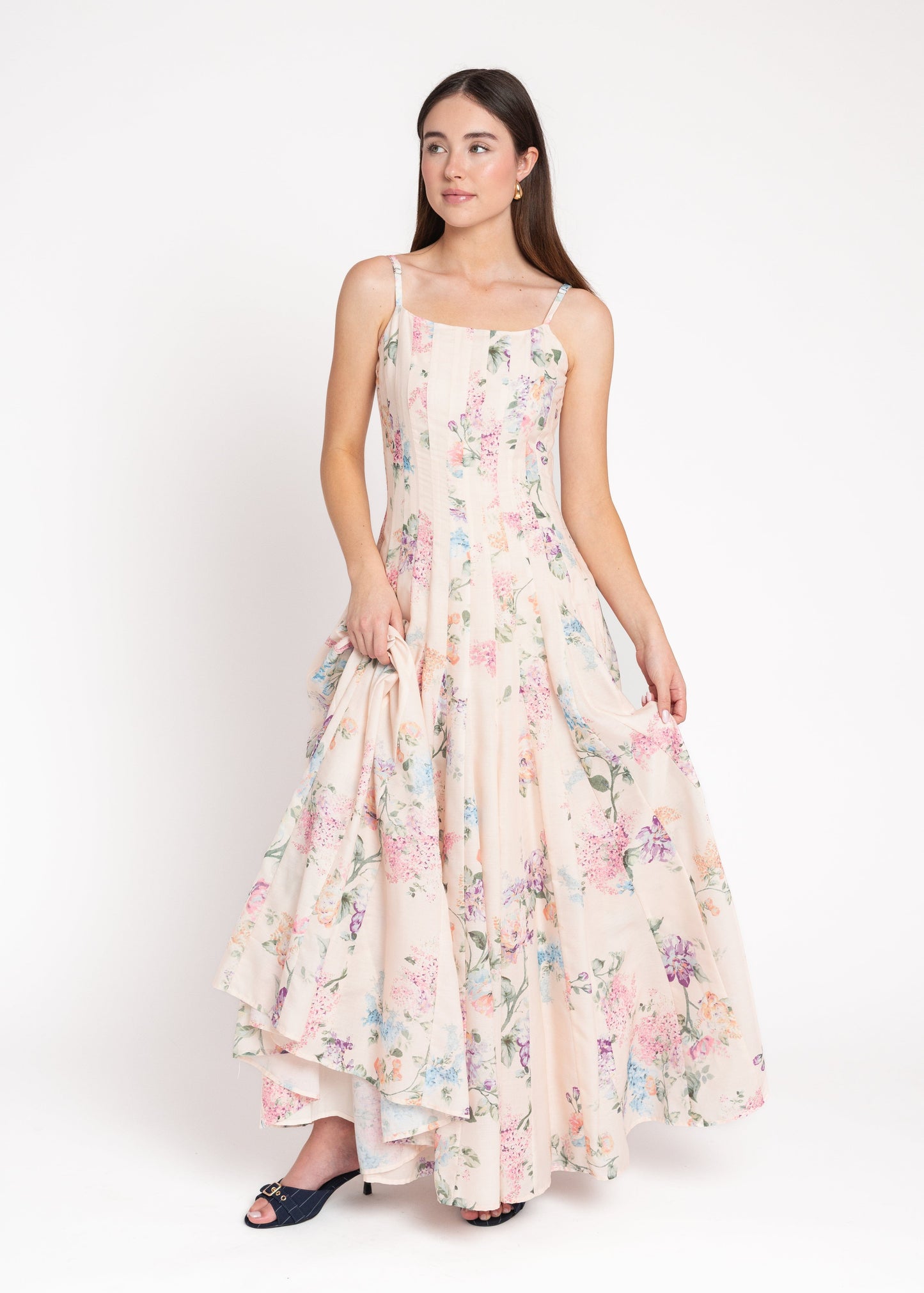 chic size inclusive model wearing JessaKae Monet Floral Seamed Maxi Dress