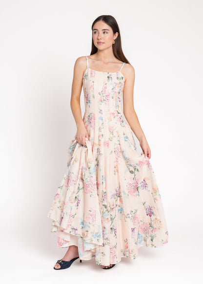 chic size inclusive model wearing JessaKae Monet Floral Seamed Maxi Dress