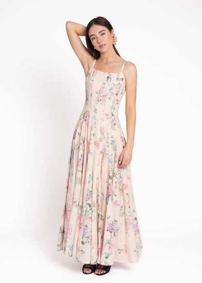 chic size inclusive model wearing JessaKae Monet Floral Seamed Maxi Dress