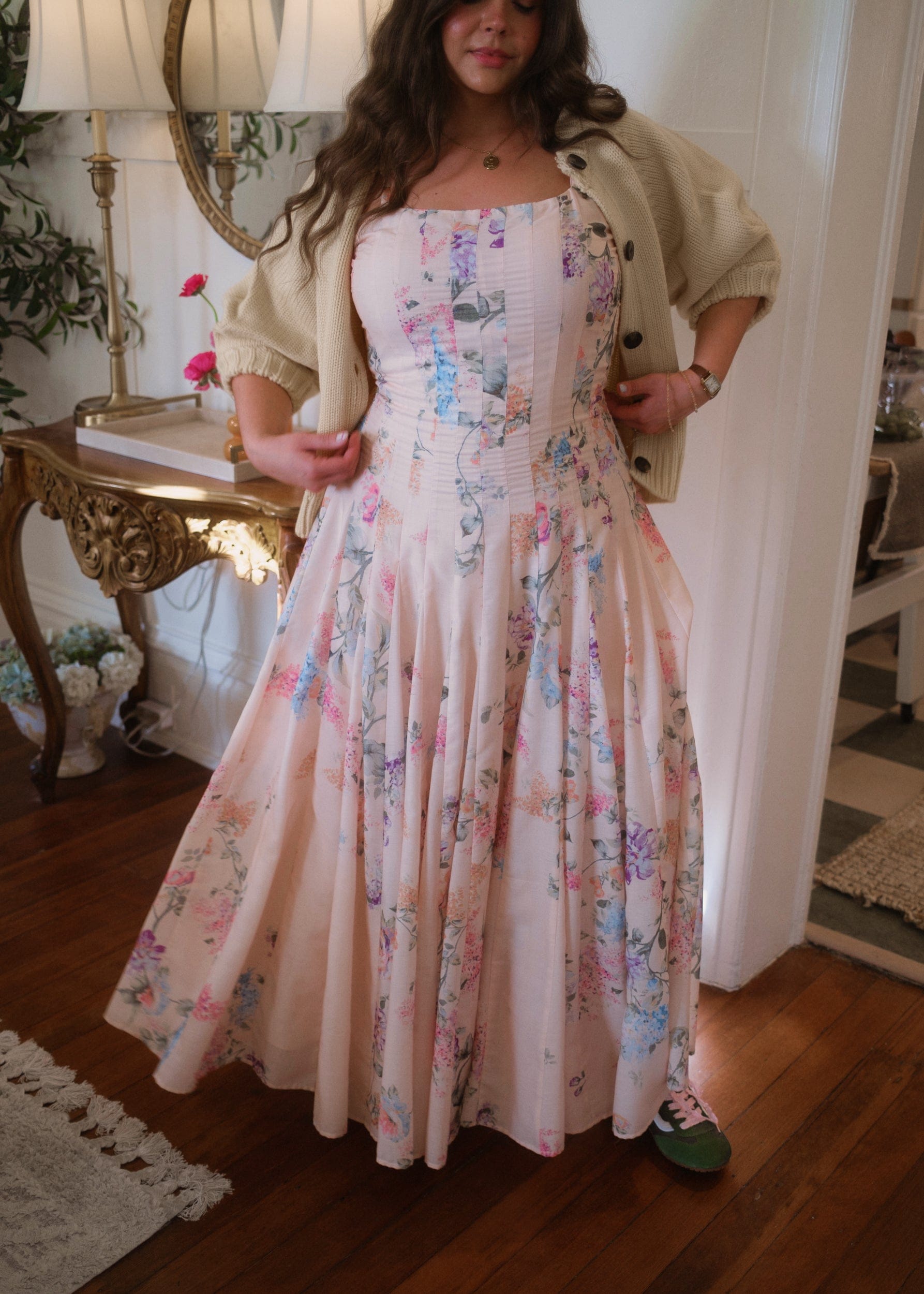 chic size inclusive model wearing JessaKae Monet Floral Seamed Maxi Dress Dresses