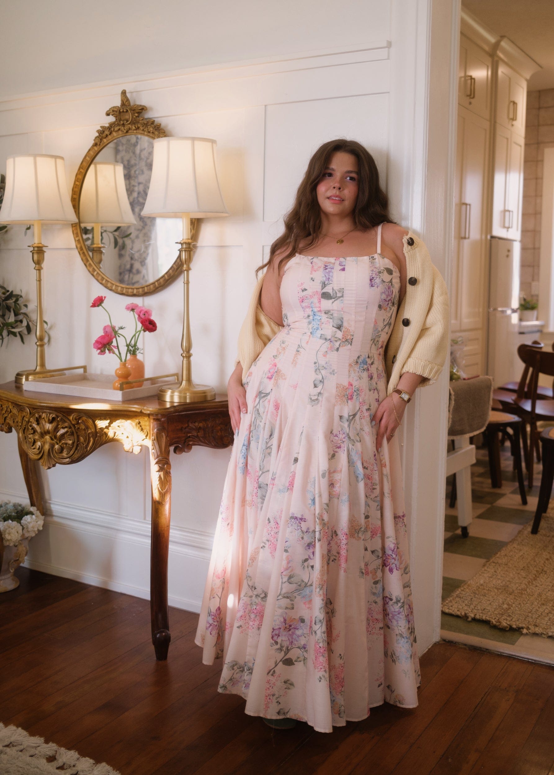 chic size inclusive model wearing JessaKae Monet Floral Seamed Maxi Dress Dresses