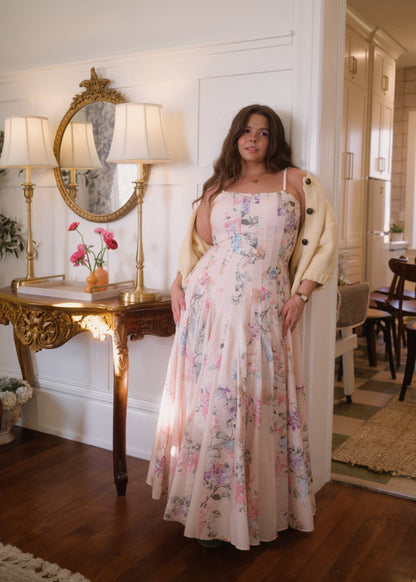 chic size inclusive model wearing JessaKae Monet Floral Seamed Maxi Dress Dresses