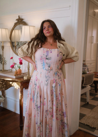 chic size inclusive model wearing JessaKae Monet Floral Seamed Maxi Dress Dresses