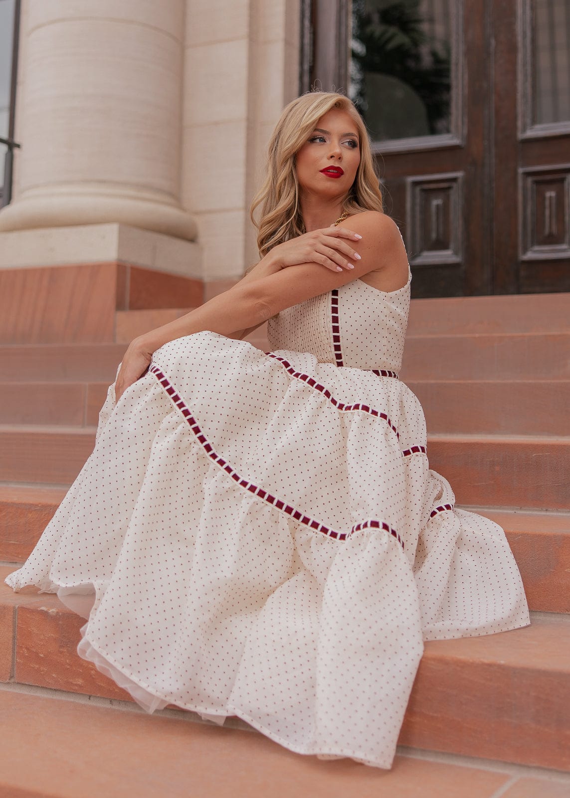 Monroe Polkadot Velvet Ribbon Trim Dress - Cream - JessaKae