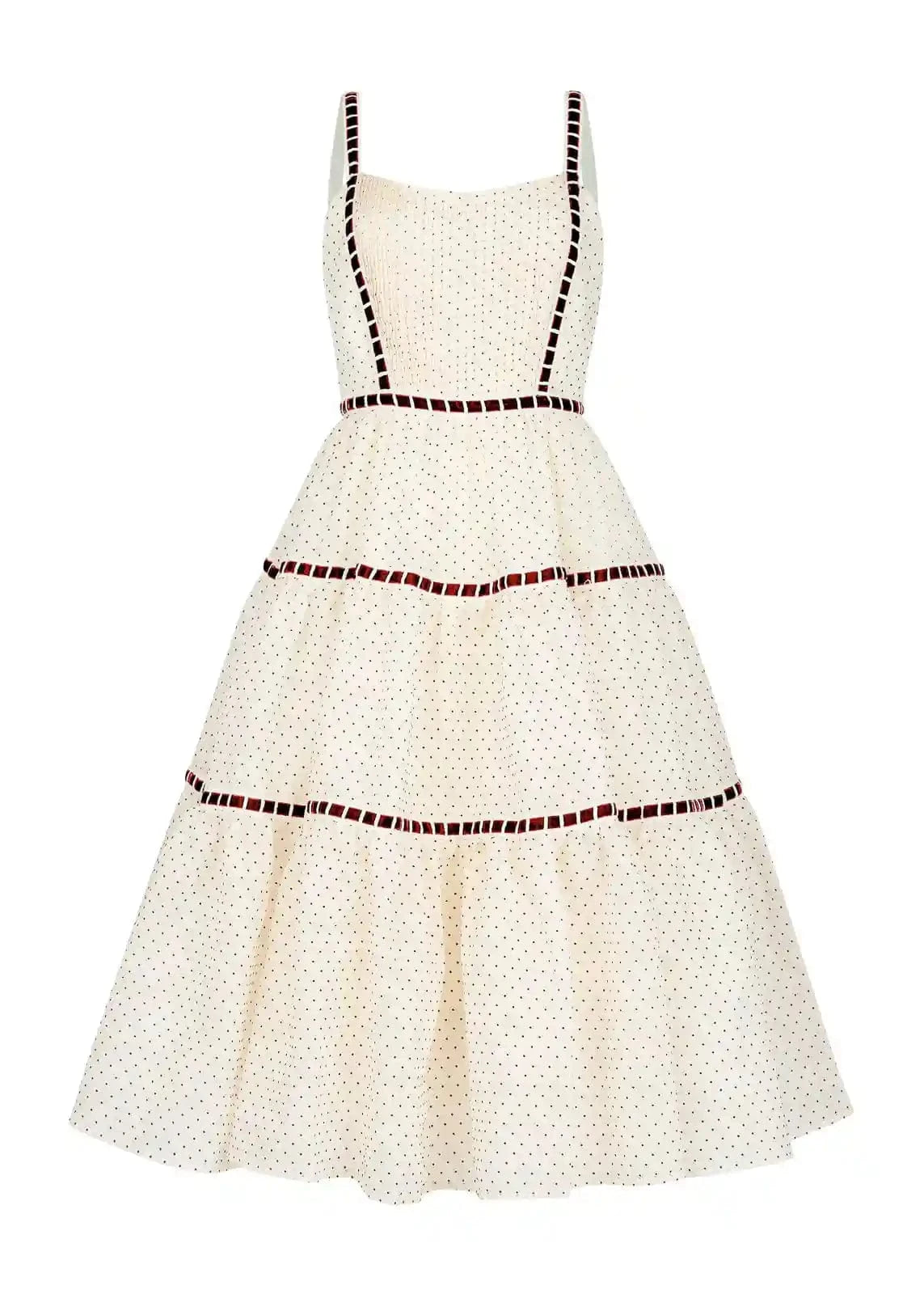 chic size inclusive model wearing JessaKae Monroe Midi Polkadot Trim Dress - Cream Dresses