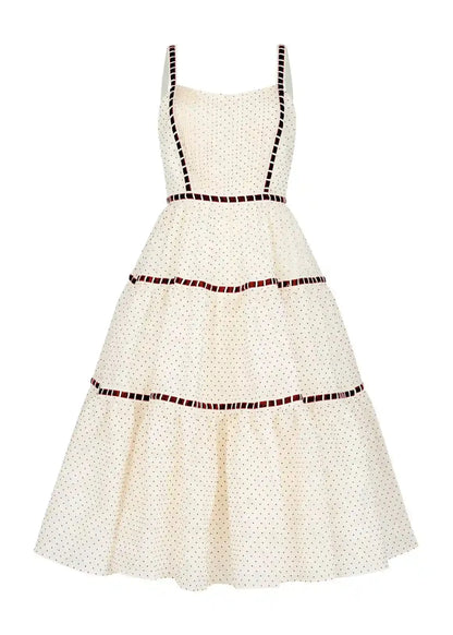 chic size inclusive model wearing JessaKae Monroe Midi Polkadot Trim Dress - Cream Dresses
