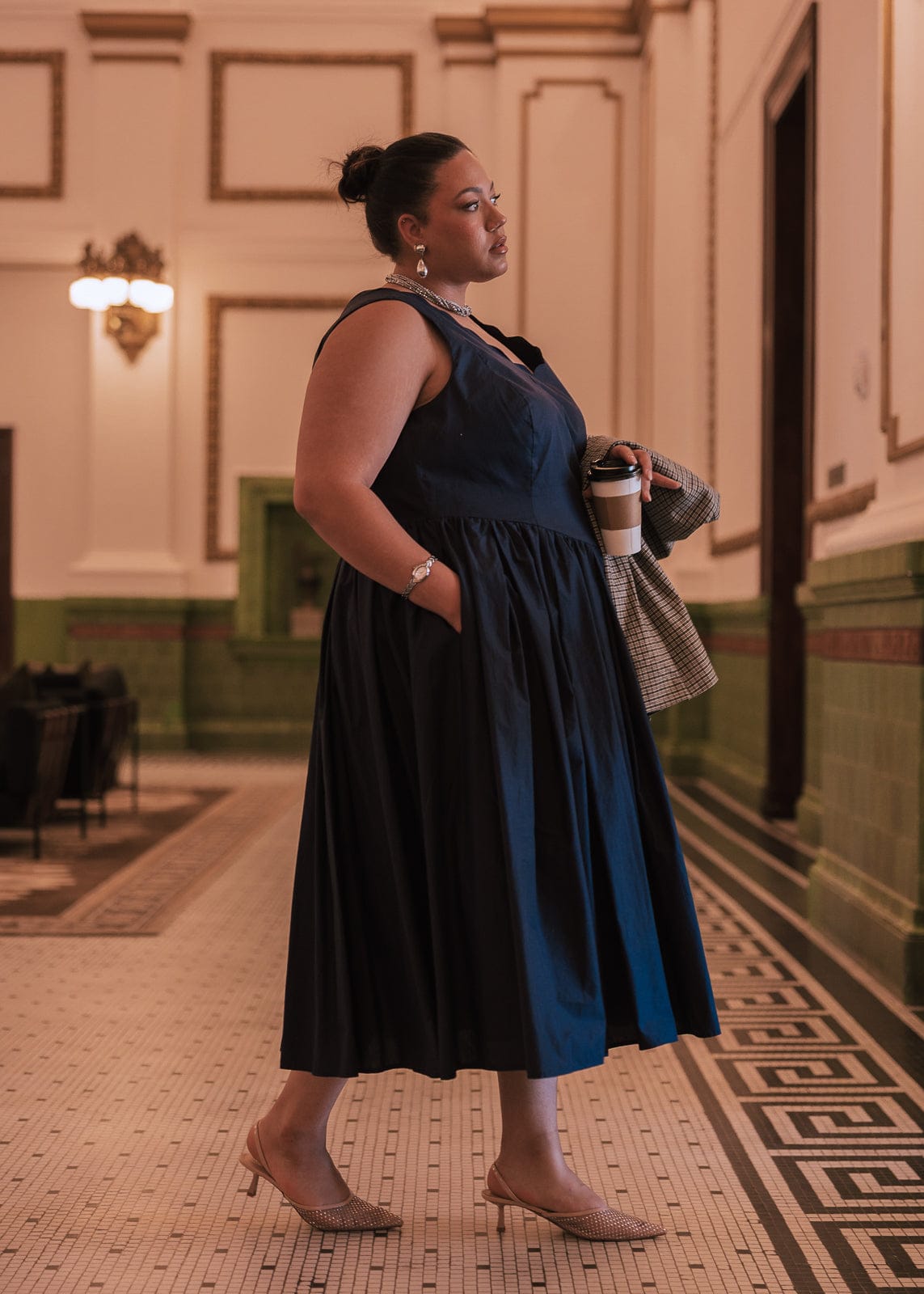 navy blue and brown dress Nantucket Grove Scalloped Midi Work Dress - Navy | Occasion Dress in Sizes  XXS–6X
